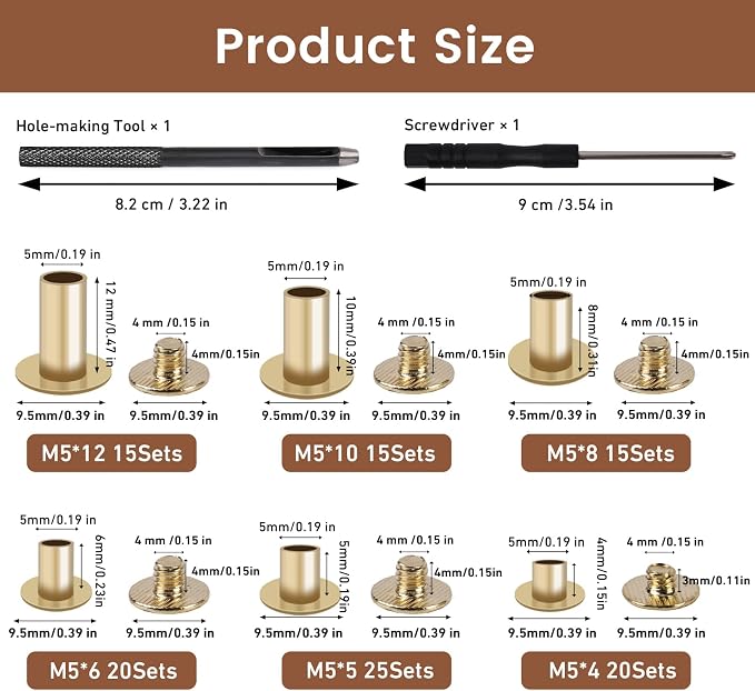 110 Sets Chicago Screws, Leather Rivets with 2 Pcs Tool Kit, Assorted Screw Rivets Binding Kit for Metal, Used for Leather Crafts, Clothing, Bag, Shoes, Purse, Belt Decorate & Repair (Gold)