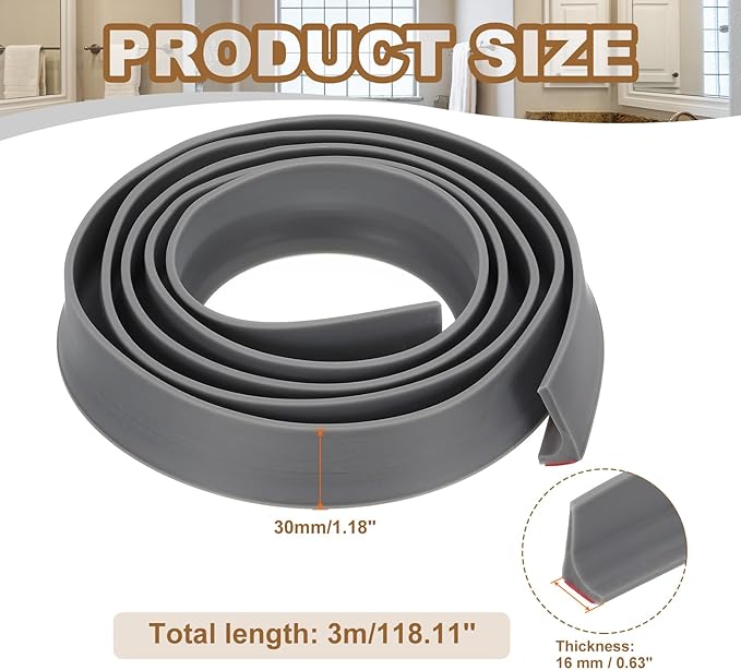 PATIKIL 118 Inch Collapsible Shower Threshold Water Dam Guard, Shower Stopper Barrier Self Adhesive Sink Splash Guard for Frameless Shower Door Bottom, Gray (1.2"Wx0.6"T)
