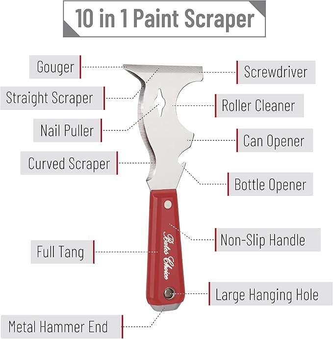 Bates- Paint Scraper, 10 in 1 Painters Tool, Red Paint Scrapers for Wood, Painters Tool, Painters Knife, Paint Scraper for Painting, Putty Knife, Metal Scraper, Spackle Knife Scraper