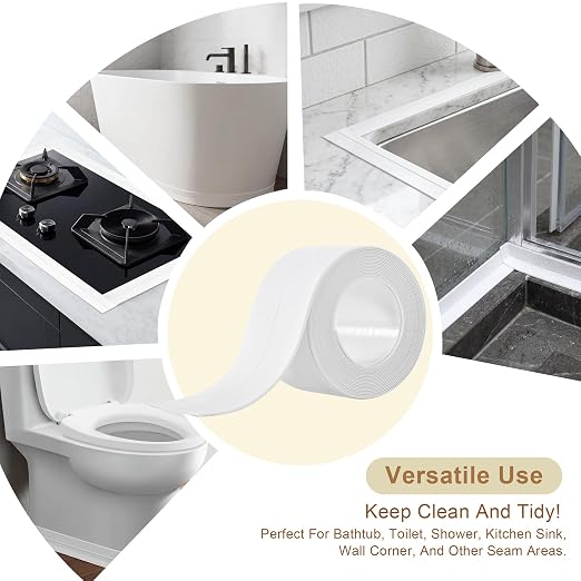 Waterproof Sealing Caulk Tape, Caulking Tape for Bathroom, Self Adhesive Caulk Strip for Tub Surround, Toilet, Kitchen Countertop, Wall Contact Paper Peel & Stick Easy Installation (Clear)