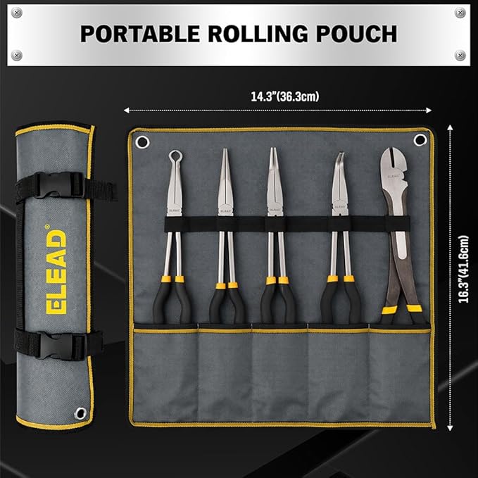 5-Piece 11 Inch Long Needle Nose Pliers Set with 4 Magnetic Plier Racks, Extra Long Reach Pliers Set, 45° & 90° Bent Needle Nose Pliers, Circle Nose and Diagonal Pliers for Tight Spaces