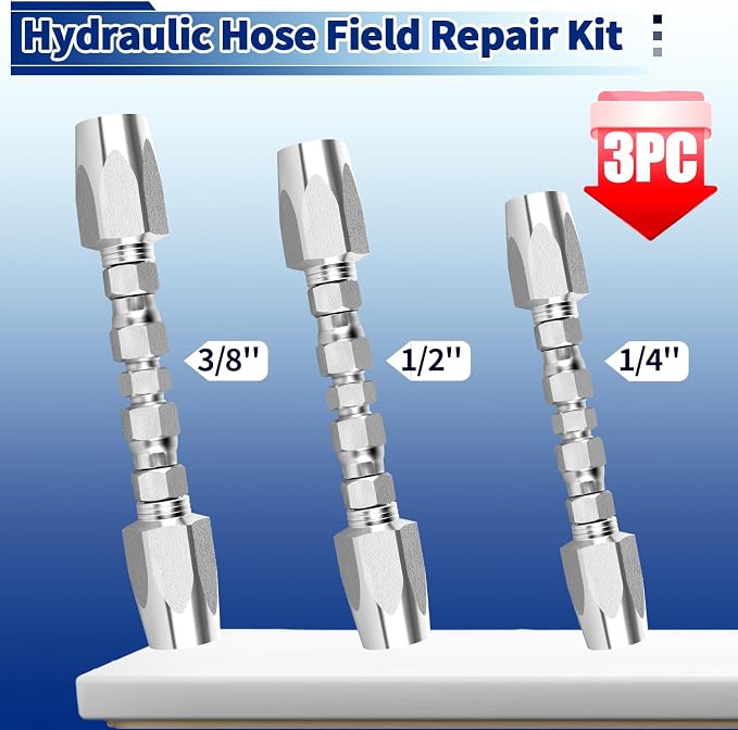 3 Pack Hydraulic Hose Repair Kit, 1/4, 3/8, 1/2 Reusable Hydraulic Fitting | Emergency Hydraulic Hose Repair; Fits SAE 100R2 R16 R17 R19 2-wire Hydraulic Hoses; Heavy Duty Galvanized Carbon Steel
