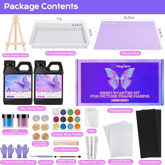HeyClear Epoxy Resin Picture Frame Silicone Mold Kit -34 oz Super Clear and Hard Resina Complete Craft Accessories and Supplies Set for Casting Art, DIY Photo Gifts