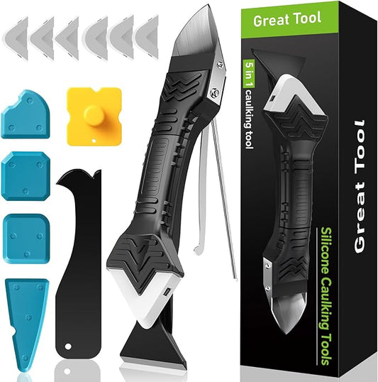 5 in 1 Silicone Caulking Tool Kit, Caulk Remover Tool with Stainless Steel Head,Caulk Finishing Tool with Different Angles,Grout Removal Tool for Kitchen Sink Washroom Bathroom Toilet Caulking (White)