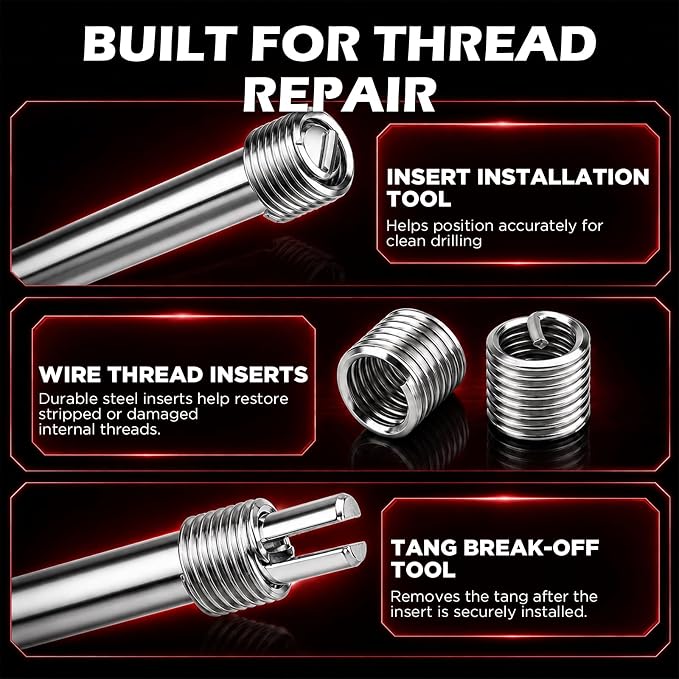 175PC Metric Thread Repair Kit, Thread Restorer Tool Set with HSS Drill Bits, Taps, Thread Inserts, Installation and Break-Off Tools for Stripped Threads, Automotive Repair, Metalworking, Garage Use