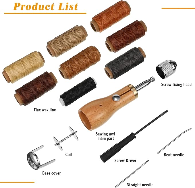 WILLBOND 12 Pcs Leather Sewing Awl Kit Hand Stitcher Including Handheld Sewing Repair Awl Straight and Bent Needles and 8 Rolls Waxed Threads with Small Screwdriver for DIY Craft