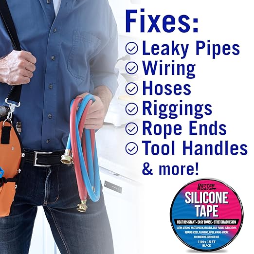 Better Boat Self Fusing Silicone Tape Waterproof Black, Hose Repair and Electrical Tape, Plumbing Tape for Leaks, 1 in x 15 ft