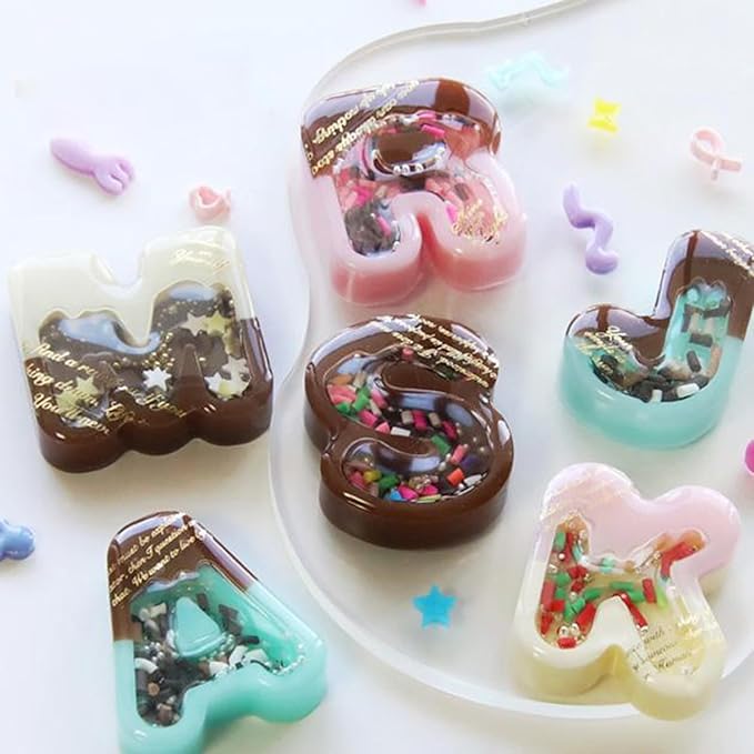 FUNSHOWCASE Alphabet Resin Shaker Molds Kawaii Keychain Charm Set Pack of 58 Silicone Trays Seal Films Precision Tip Applicator Bottle Kit Bundle