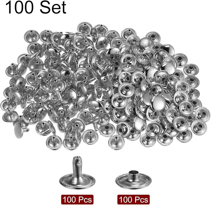 HARFINGTON 100 Sets Leather Rivets 10 x 12mm Metal Double Cap Rivet Snaps Studs Fasteners with 3pcs Setting Tools Rivets for Leather Craft DIY Repair Decoration, Silver Tone