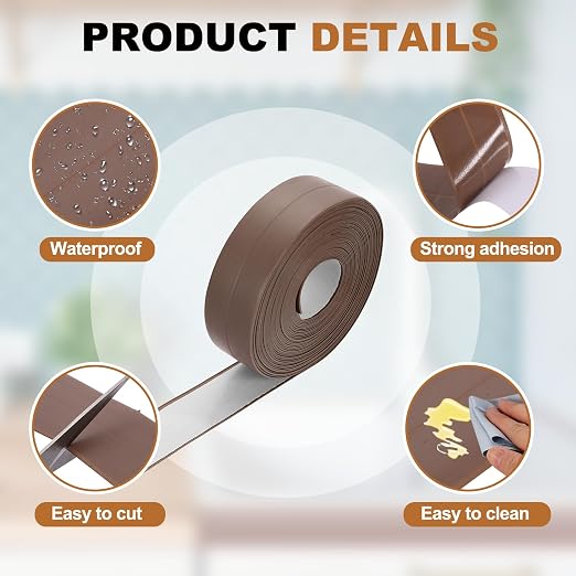uxcell Caulk Tape Waterproof, 0.83 Inch x 16.4 ft Self-Adhesive Sealant Sealing Strip Caulking Sealant Tape PVC with Tool for Kitchen Sink Toilet Bathroom Bathtub Floor, Brown