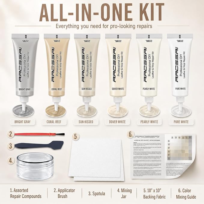 ARCSSAI ARCSSAL Cream Leather & Vinyl Repair Kit, Car Seats, Couch, Boat, Sofa, Jacket & Purse, Fix Scratch & Rip on Artificial, Faux, Genuine Leather, Easy for Anyone to Match Ideal Color
