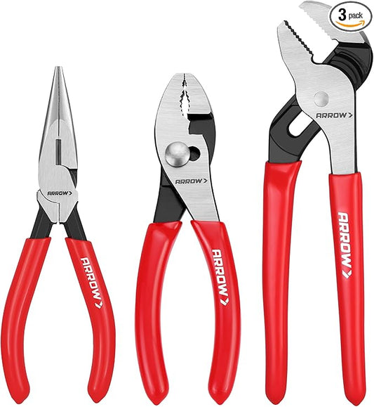 ARROW 3PCS Pliers Set, 6" Needle Nose Pliers, 6" Slip Joint, 8" Groove Joint with Non-slip Handle, Premium Carbon Steel, for Daily Repair & Home Maintenance