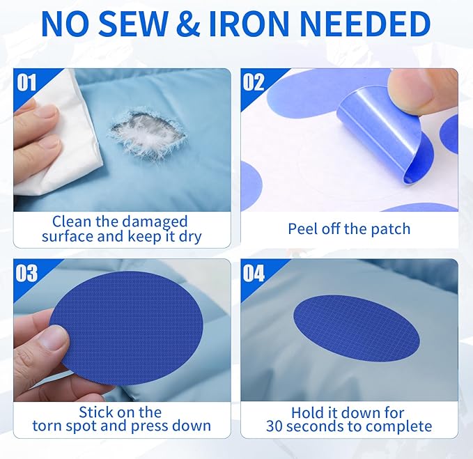 Waterproof Self-Adhesive Nylon Fabric Repair Tape - Tent Repair Kit,4pcs Fabric Patches for Jacket, Clothes, Puffer Down Jacket,Sleeping Bag, Outdoor Gear Tenacious Repairs Tape, RoyalBlue