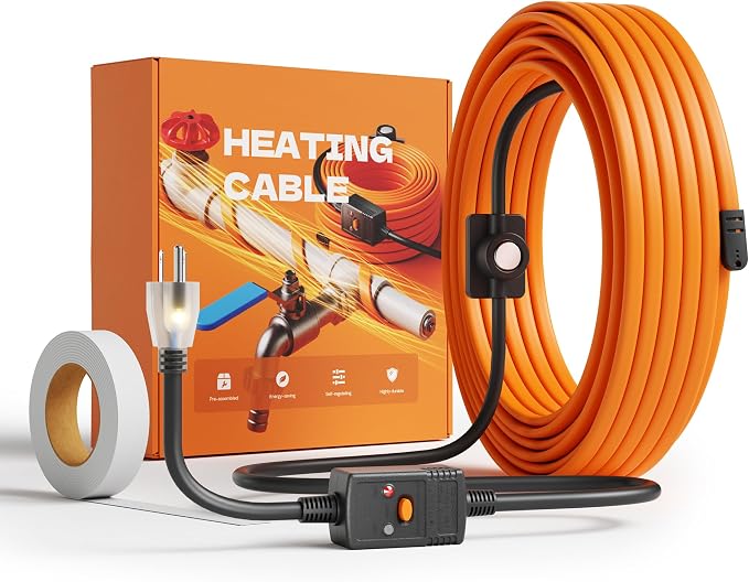 Heat Tape for Water Pipes with Thermostat, Anti-Freeze Heater, Electric Heat Tape, Keeps Water Flowing at -22℉/-30℃, 18FT with Leakage Protector, Orange, UL&ETL Listed 120V