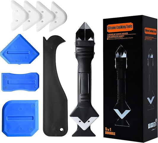 Caulking Tool 5 in 1 Silicone Caulking Tool Kit Sealant Finishing Tool Grout Remover Scraper Caulk Removal Tool with Replaceable Silicone Pads for Bathroom Kitchen Window Sink Tile Joint