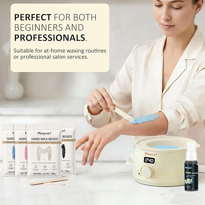 Maxpearl Rosin-Free Waxing Kit for Women Men - Sensitive Skin Friendly, Digital Wax Warmer with Silicone Pot, At Home Hair Removal Kit for Eyebrows, Brazilian, Underarms, Bikini & Full Body