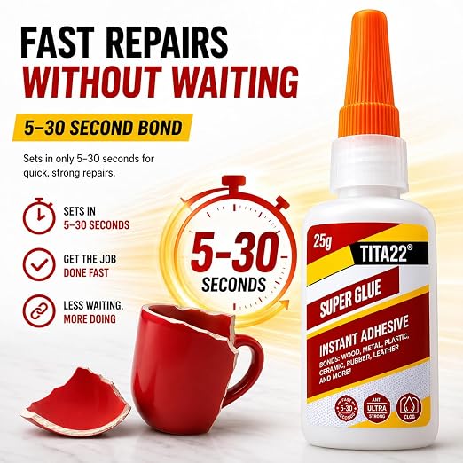 Super Glue, Extra Strong Fast-Drying Cyanoacrylate Adhesive, Large 0.9 oz Bottle with Anti-Clog Precision Tip, Instant Glue for Wood, Metal, Plastic, Ceramic, Rubber, Leather DIY Repairs (25g)