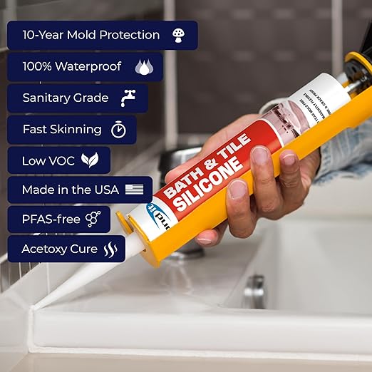 Bond It Bath & Tile Silicone, Premium Long Term Acetoxy Sealant, Waterproof Flexible Sanitary Silicone - Bathrooms, Kitchens, Showers, Tubs, Sinks, Countertops, Backsplashes, 10 oz, Clear