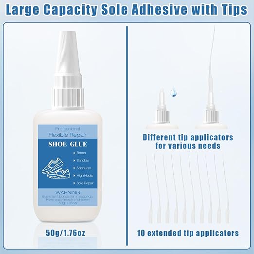 50g Shoe Glue with Nozzles, Clear Quick Dry Waterproof Shoe Repair Glue Strength Adhesive Super Glue Repair for Boots Sneakers Heels Hiking Shoes Leathers Handbags Sandals Rubber Soles