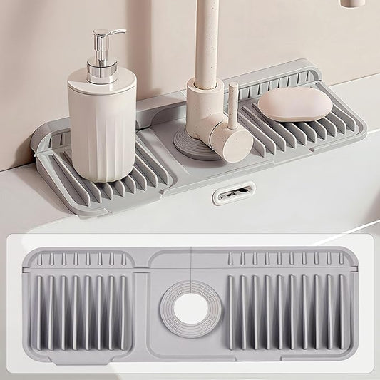14.5 inch Silicone Faucet Mat for Kitchen Sink - 6° Slope & Fasten Button Design, Quick-Dry Splash Guard Water Catcher Behind Faucet, RV/Bathroom Safe (Gray)