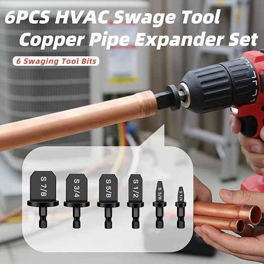Aoebwpwi 12PCS Swage Tool HVAC Repairing Set with Bit Holder, Air Conditioner Copper Tube Expander Swaging Tool Drill Bit Copper Pipe Swage, 1/4'', 3/8'',1/2'',5/8'',3/4'',7/8'' Bits Set (12PCS)