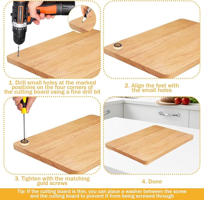 12 Pack Brass Cutting Board Feet with Non Slip Pads 1.18 x 0.39 Inch Gold Aluminum Alloy Legs with Silicone Pads & Screws Kit, Anti-Skid Stabilizers for Chopping Blocks, Furniture & Shelves