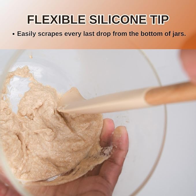 3Pcs 10.7" Silicone Jar Spatula with Natural Beechwood Handle, Removable Flexible Scraper Head for Deep Jars, Thick Non-Stick Small Spatula for Sourdough, Peanut Butter, Blenders & Baking, Cream