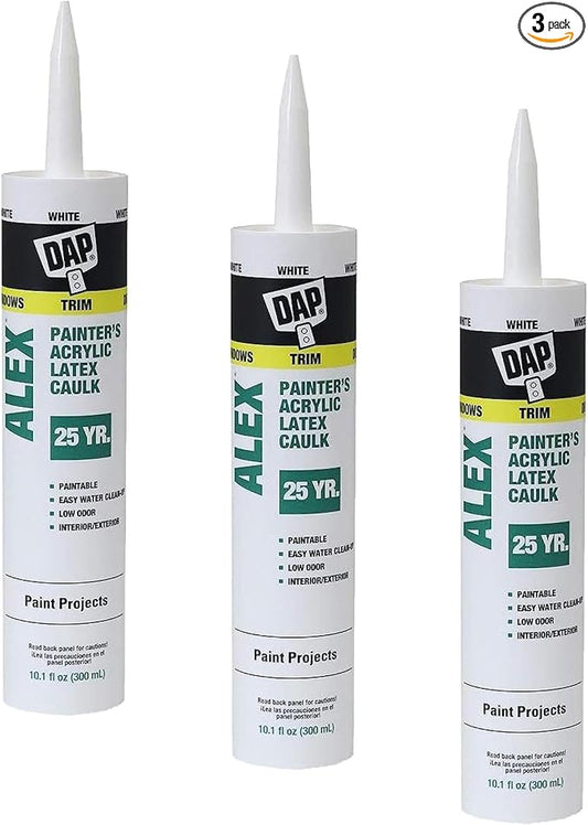 DAP Alex Painter's Acrylic Latex Caulk, White, 10.1 Oz (7079818670) (Pack of 3)