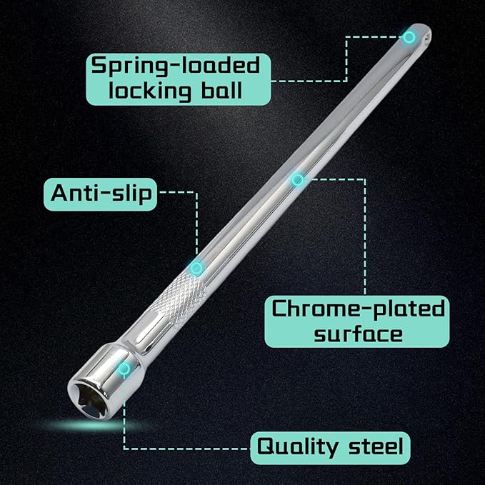 4 Pcs 1/2 Inch Socket Extension Set, CR-V Ratchet Extension Set Include 3, 6, 10 Inch Bars and 1/2" Universal Joint Socket for Ratchets and Torque Wrenches, Ideal for Repair, DIY