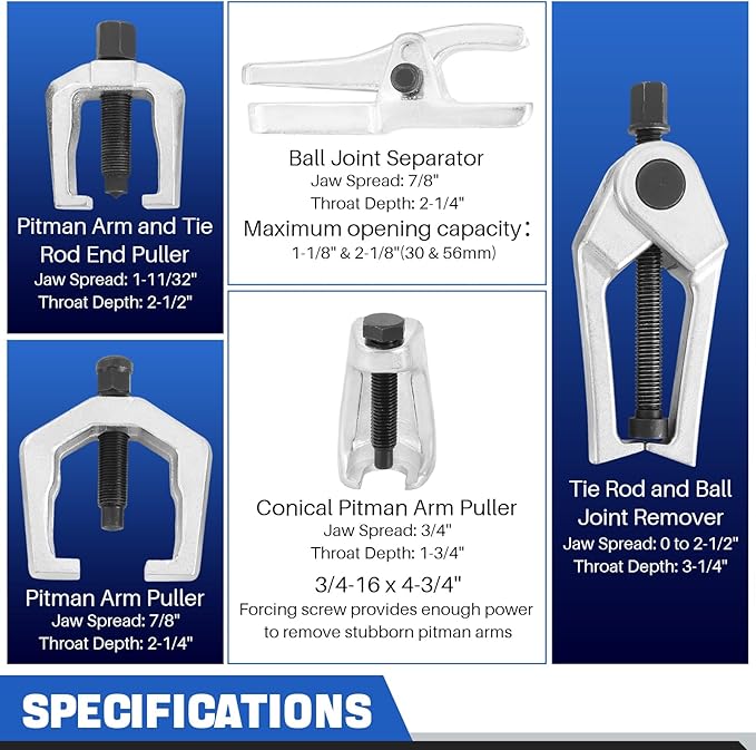 DASBET 5PCS Ball Joint Separator Front End Service Tool Kit 5-in-1 Pitman Arm Puller Tie Rod End Removal Tool Set for Front End Service Splitter Removal Kit (Blue)