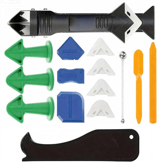 15-Piece Professional Sealant Finishing Kit: 3-in-1 Silicone Caulking Tool Set with Caulk Remover for Kitchen, Bathroom, Window, Door Gap Filling - Includes Scrapers, Nozzles & Corner Tools