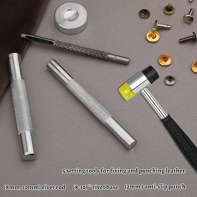 TLKKUE 480 Sets Leather Rivets Kit 4 Colors Double Cap Rivets 3 Sizes Rivet for Leatherworking with Rubber Hammer Fixing Tool Kit 4 Pieces for DIY Leather Craft Clothes Shoes Decoration and Repair
