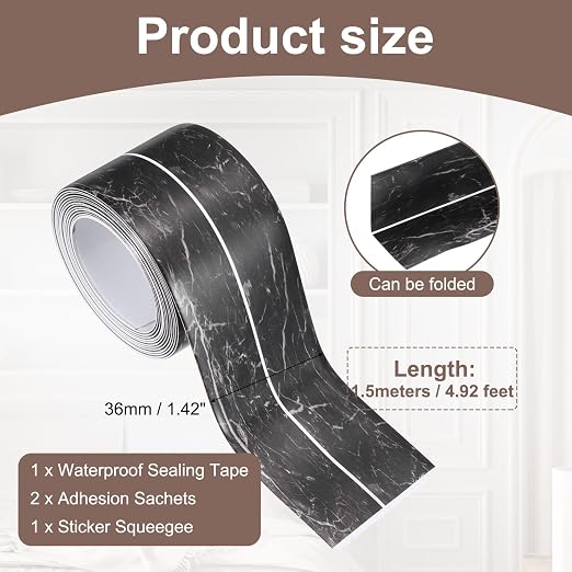 uxcell Caulk Tape Waterproof, 1.42 Inch x 4.92 ft Self-Adhesive Sealant Sealing Strip Caulking Sealant Tape PVC with Tool for Kitchen Sink Toilet Bathroom Bathtub Floor, Black Marble