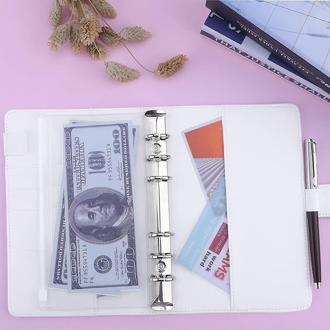 Antner A6 Binder 6 Ring Refillable Notebook Budget Planner for A6 Filler Paper, PU Leather Loose Leaf Personal Planner Wallet Money Organizer Cash Stuffing Binder with Magnetic Buckle Closure, White