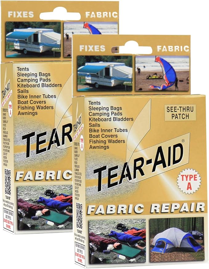 TEAR-AID Fabric Repair Kit, Type A Clear Patch for Canvas, Fiberglass, Leather, Polyester, Nylon & More, Gold Box, 2 Pack