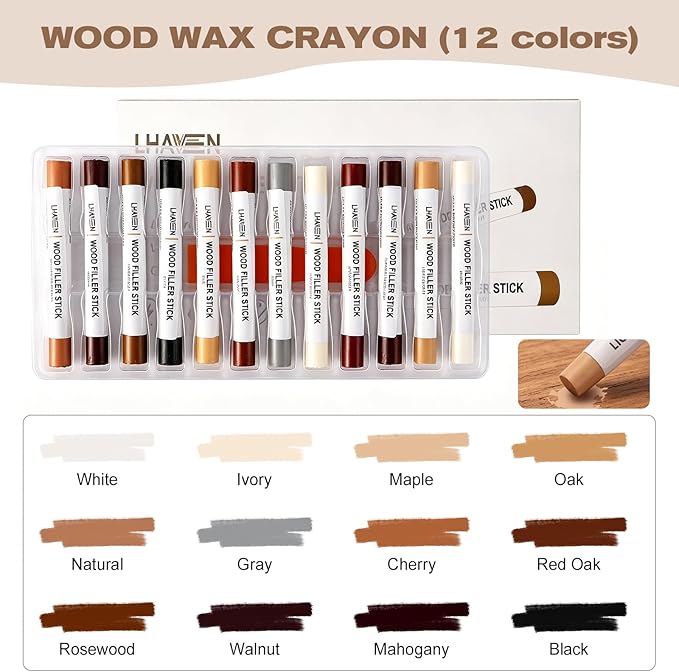 Wood Filler Sticks, 12 Colors Wood Repair Crayons for Scratches, Cracks, Nail Holes, Stains - Furniture Touch Up Wax for Floors, Cabinets, Tables, Doors