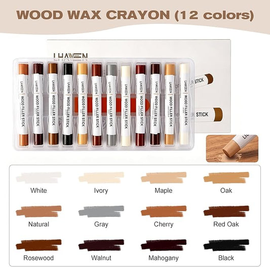 Wood Filler Sticks, 12 Colors Wood Repair Crayons for Scratches, Cracks, Nail Holes, Stains - Furniture Touch Up Wax for Floors, Cabinets, Tables, Doors