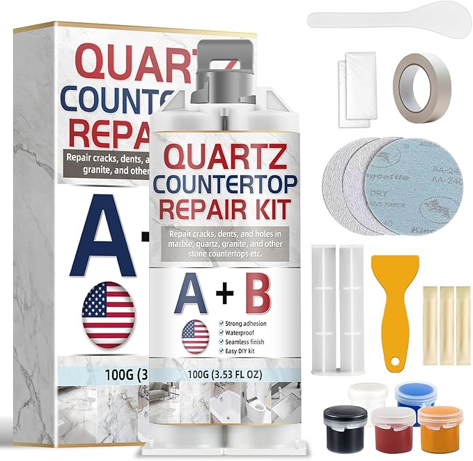 Quartz Countertop Repair Kit, Marble Repair Kit, Strong Bond, Seamless Finish for Granite Repair, Ideal for Mable, Porcelain, Tile, Sink Crack, Chip Scratch, Hole, 100g