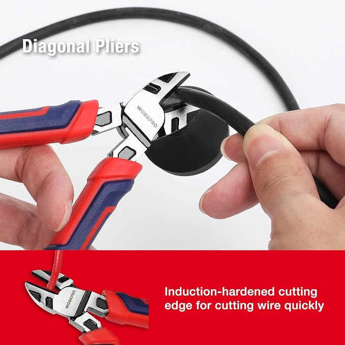 WORKPRO Pliers Set, Premium Cr-V Construction, Includes 6 Inch Slip Joint, Long Nose, Diagonal Cutting, 8 Inch Groove Joint, 7 Inch Linesman and Storage Pouch, for Basic Repair (Pack of 2)
