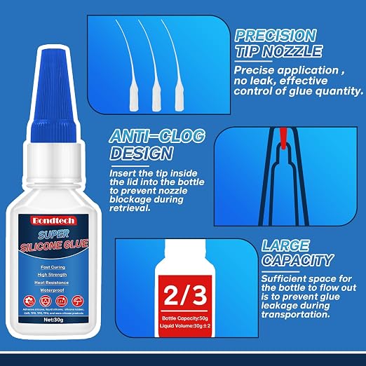 Silicone Glue 30 g, Clear Instant Glue for Rubber & Liquid Silicone, TPU, TPR, TPE and More, Waterproof, Heat-Resistant, with Anti-Clog Cap (Clear, 30 Grams * 1 Pack, Silicone Glue)