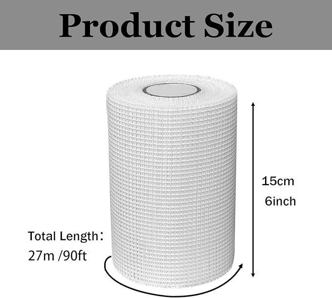Acuteye Drywall Mesh Tape, 6IN X 90FT 100% Fiberglass 8 Mesh Drywall Repair Joint Tape Roll Self Adhesive for Patch Hole Wall Crack Seam