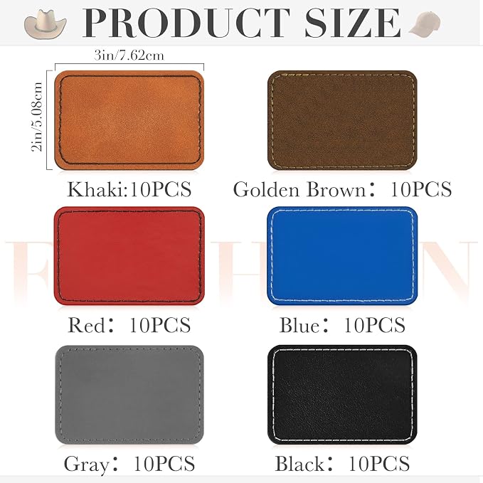 Dunzy 60 Pcs Leather Hat Patches Blank Leatherette Hat Patch with Adhesive Rectangle Laserable Leatherette Patch for Hats Custom Fabric Sew Laser Engraving DIY(Dark Colors,3 x 2 Inch)