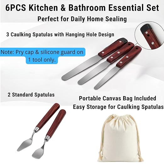 5-Piece Essential Caulk Spatula Set with Wooden Handle | 5-piece caulking finishing tool kit with 1.0mm ultra-flexible stainless steel scraper, canvas bag for sinks, windows,corners