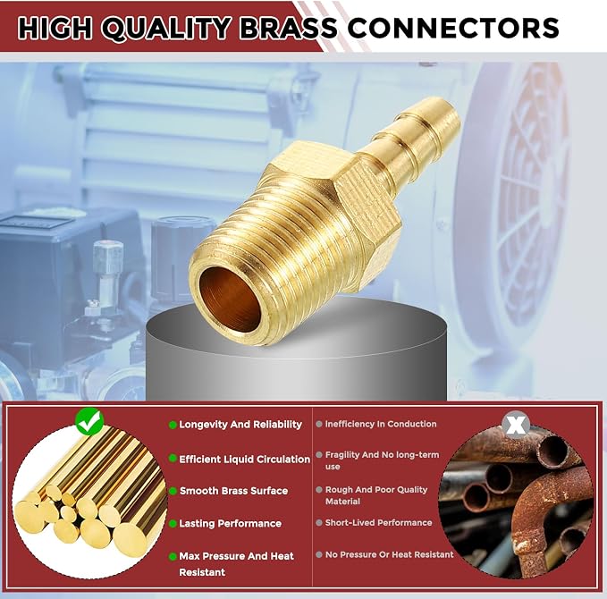 Pack of 3 Brass Hose Barb Fittings Adapter Connector 1/8" Hose Barb to 1/8" NPT Male Fittings for Home Machines, Massage Bathtubs, and Irrigation Systems