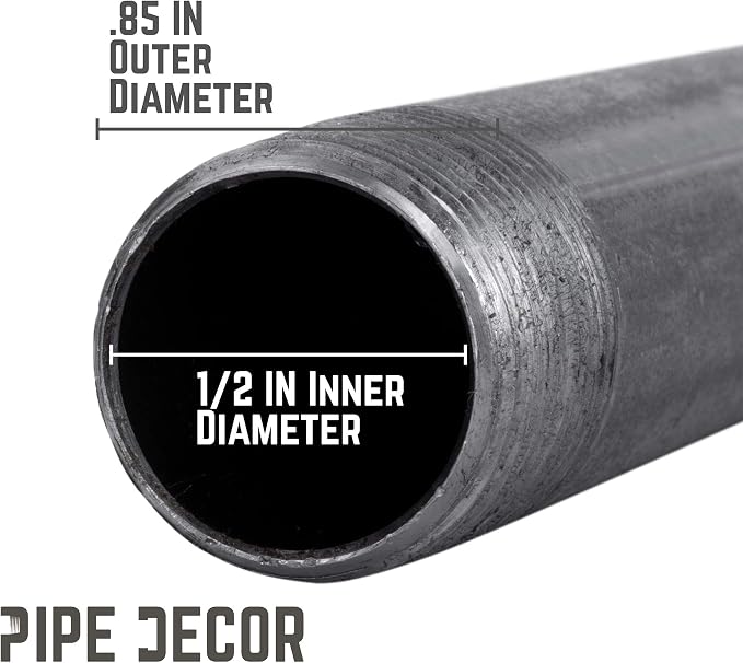 PIPE DÉCOR 1/2” x 42” Malleable Cast Iron Pipe Nipple, Pre-Cut Connectors, Industrial Steel Grey Fits Standard Half Inch Black Threaded Pipes Nipples and Fittings, Build Vintage DIY Furniture, 4 Pack