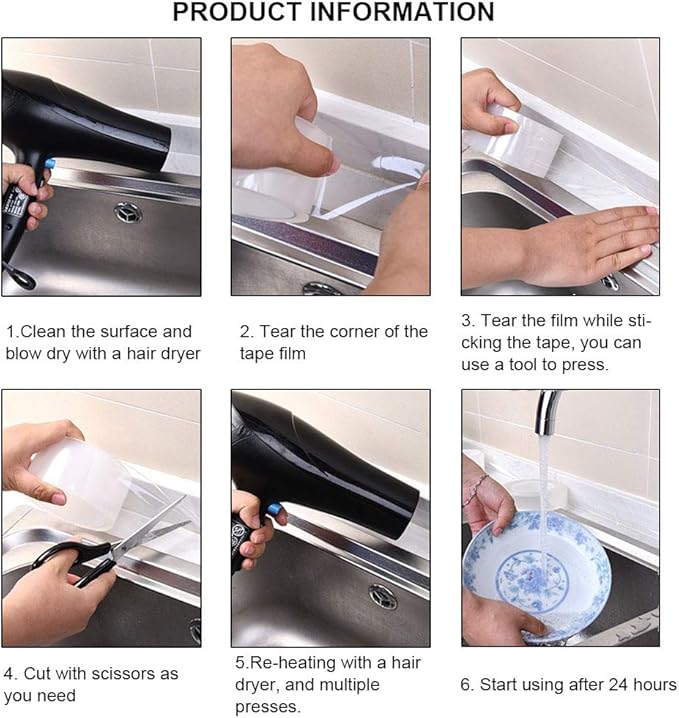 Caulk Tape Clear 1.96 Inch x 33 Feet, Waterproof, Self Adhesive, Anti-Grease, PMMA Sealing Caulking Strip for Kitchen Sink Bathtub Bathroom Shower Toilet