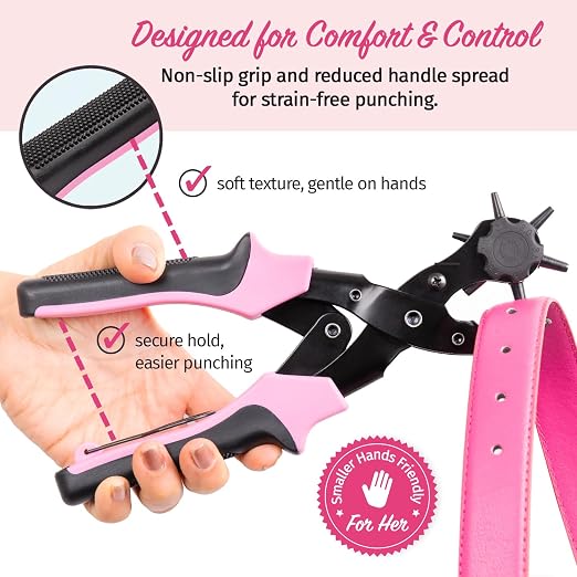 Pro-Master Belt Hole Puncher for Leather - Leather Punch Tool - 6 Multi-Size Rotary Heads 2-4.5mm - Double Leverage for Small Hands - Ideal for Watch Straps, Fabric, DIY Crafts - Crafting Kit - Pink
