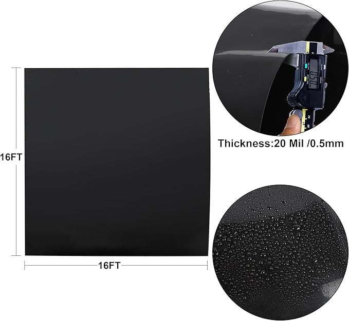 Adroiteet 16 x 16 FT Pond Liner, 20 Mil Fish Pond HDPE Liner, Pond Liners for Outdoor Ponds, Koi Ponds, Garden Fountain, Waterfall