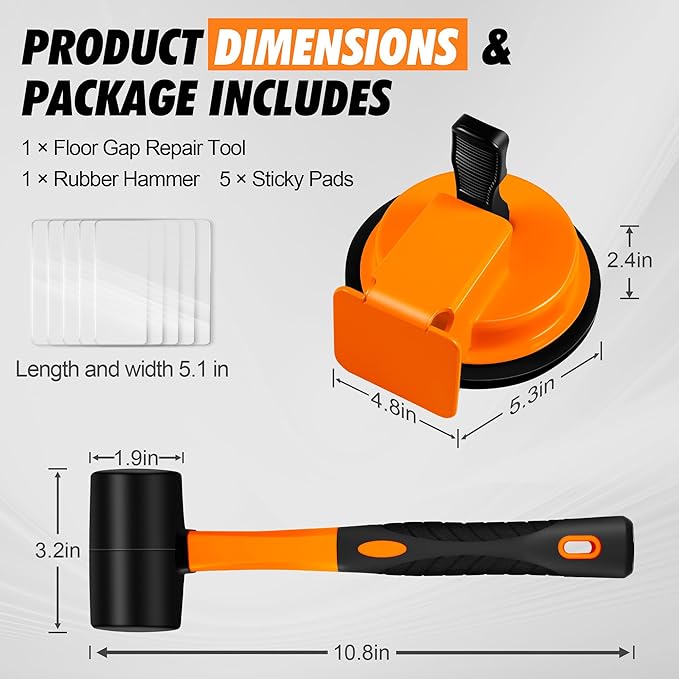 Floor Gap Fixer Tool with Rubber Mallet, Iron Body & Strong Suction Cup, Includes 5 Sticky Pads for Laminate, Vinyl, Wood & Tile Flooring Installation and Repair