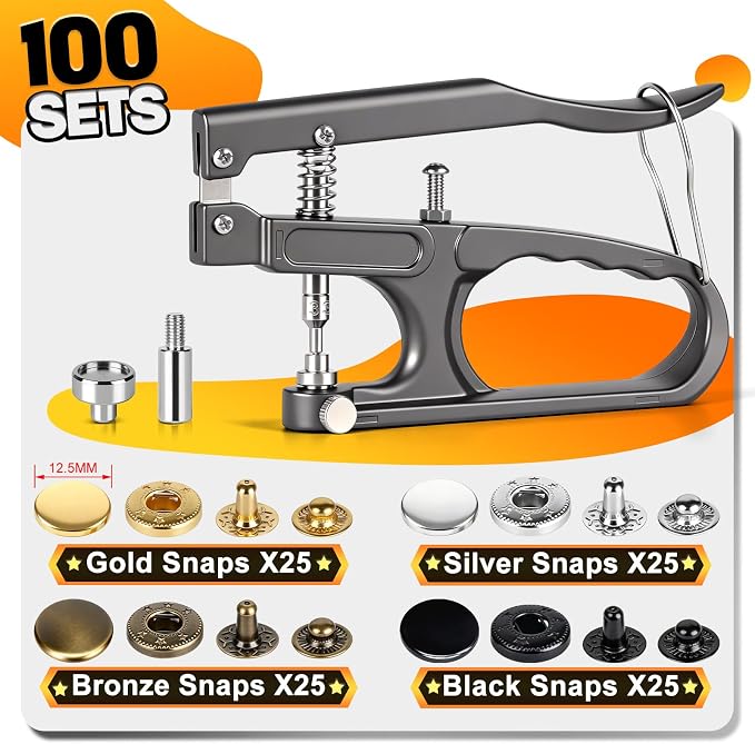 Alritz 100 Sets Leather Snap Fasteners Kit with Press Pliers, 12.5mm Metal Button Snaps Press Studs with 4 Setter Tools for Clothes, Jackets, Jeans Wears, Bracelets, Bags